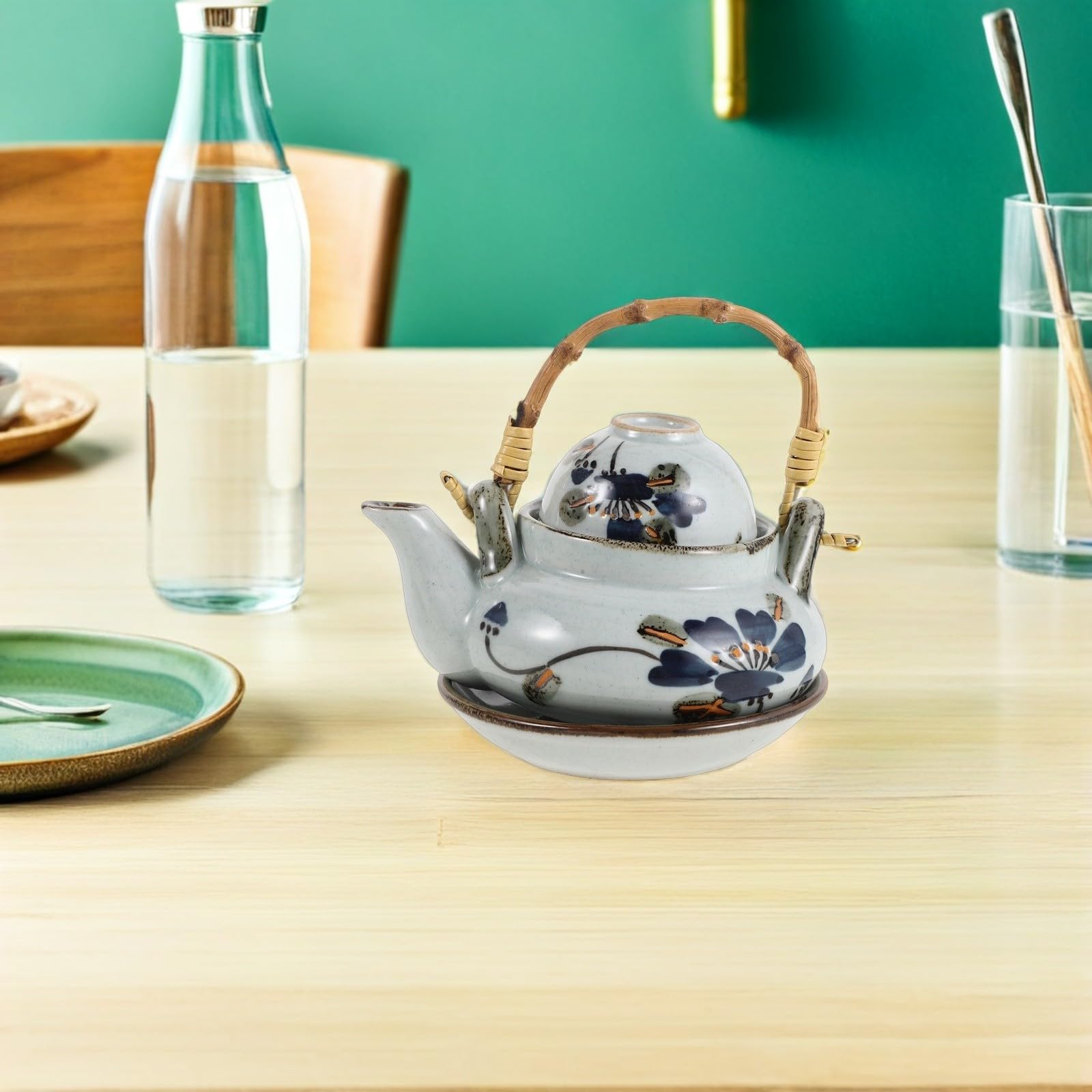 Tetera de Cerámica Japonesa de 300ml con Tapa y Asa de Madera, Resistente al Calor, Estilo Vintage para Cocina Asiática y Servicio en Restaurante