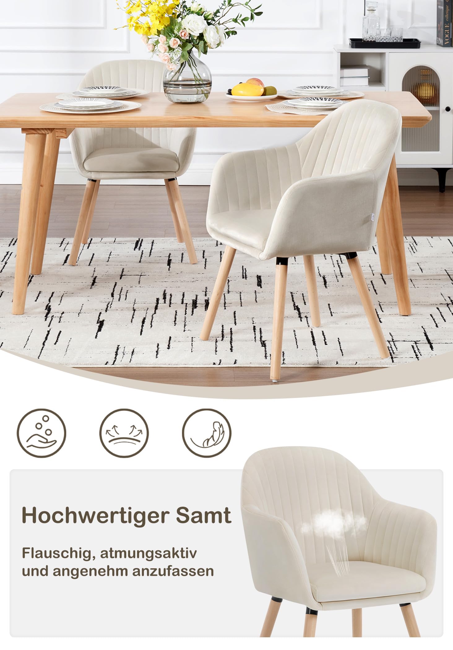 WOLTU Esszimmerstühle 4er Set, für Schlafzimmer Küche Wohnzimmer, Küchenstühle gepolstert mit Armlehne, aus Samt Massivholz, Cremeweiß