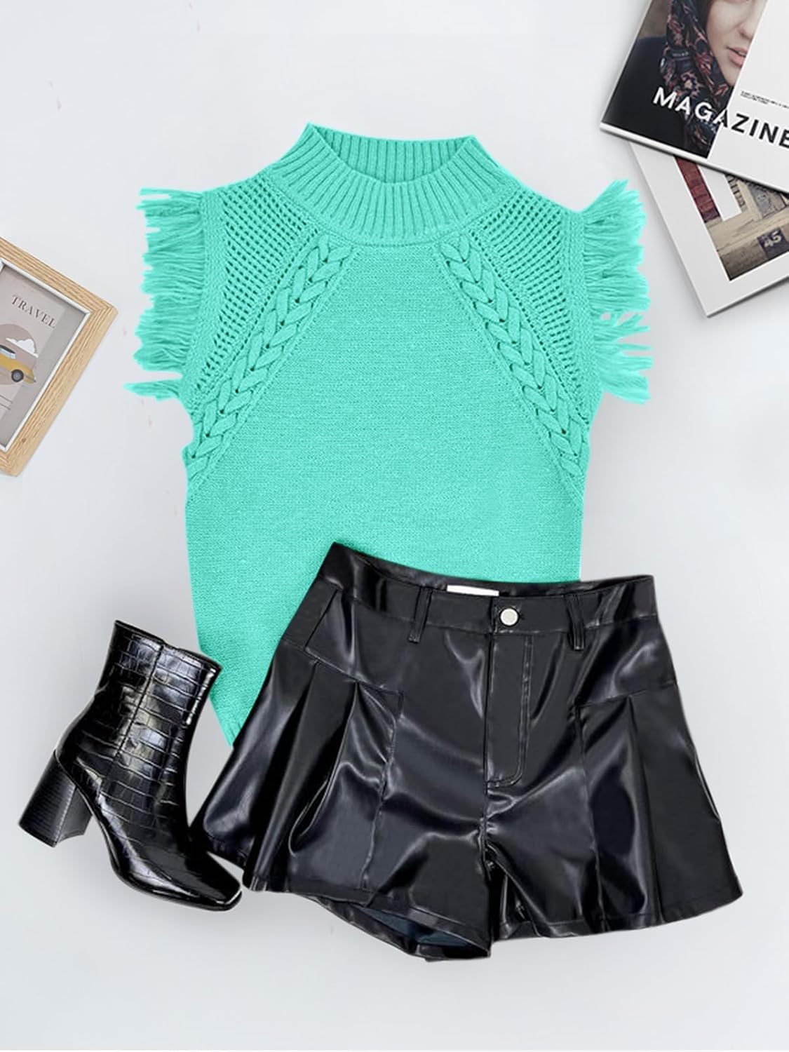 Saodimallsu Womens Sleeveless Sweater Vest Mock Neck Cable Knit Fringe Cap Sleeve Boho Trendy Pullover Tank Tops