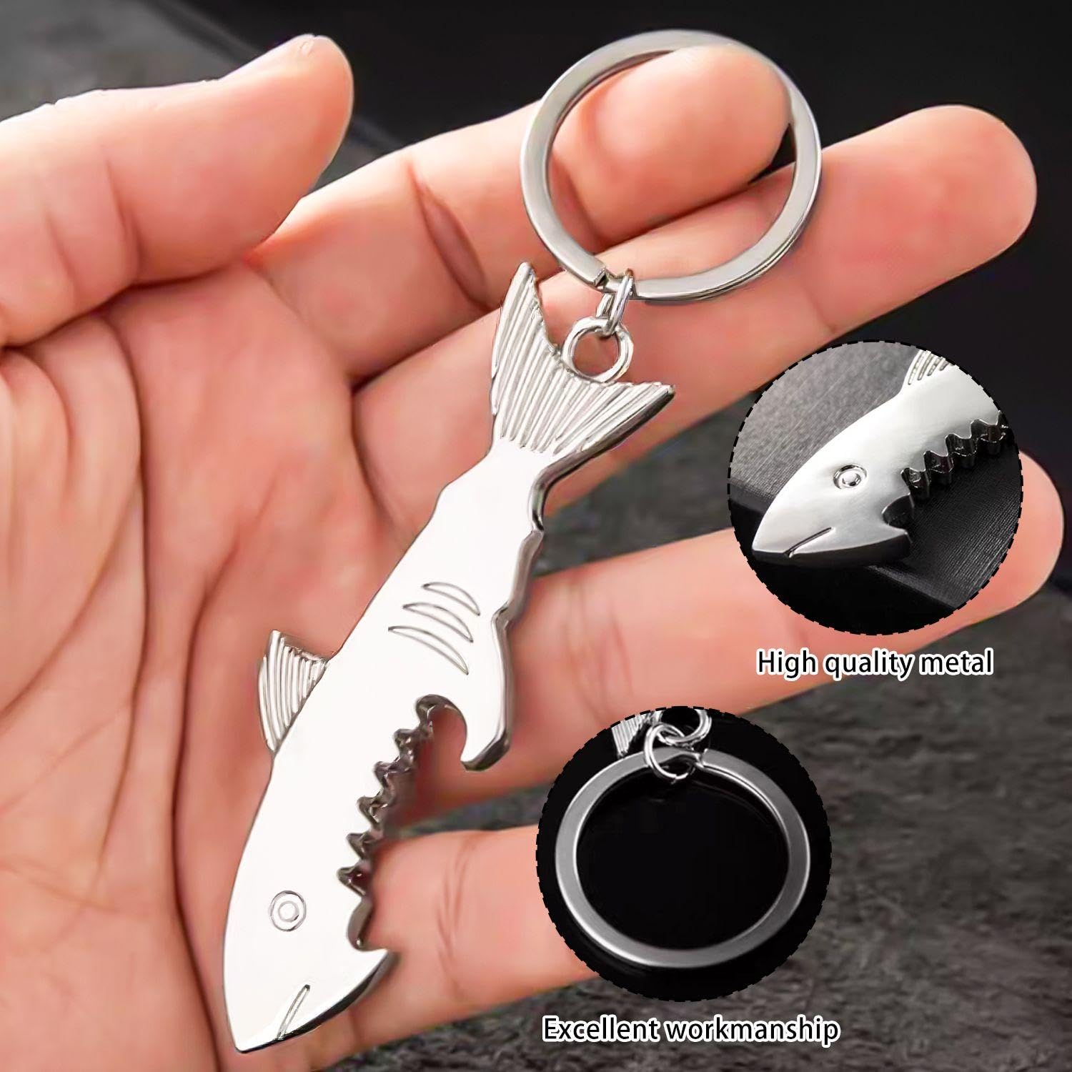 2 Piece Keychain Set including Bottle Opener - Shark and Fish Animal Design in Gift Box - Image 4