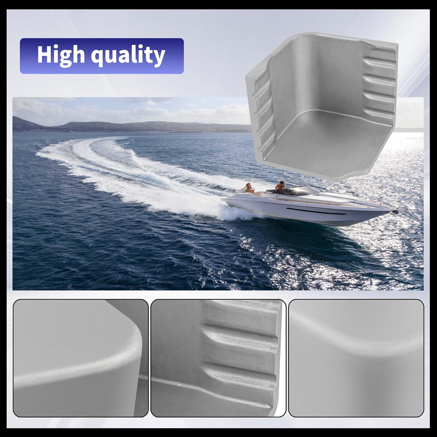 Pontoon Boat Aluminum Corner Cap Casting Suitable for 90 Rounded Corner, not 90 Right Angles. Height: 3-9/16" to 3-5/8" Top: 4-1/16" to 4-3/16"
