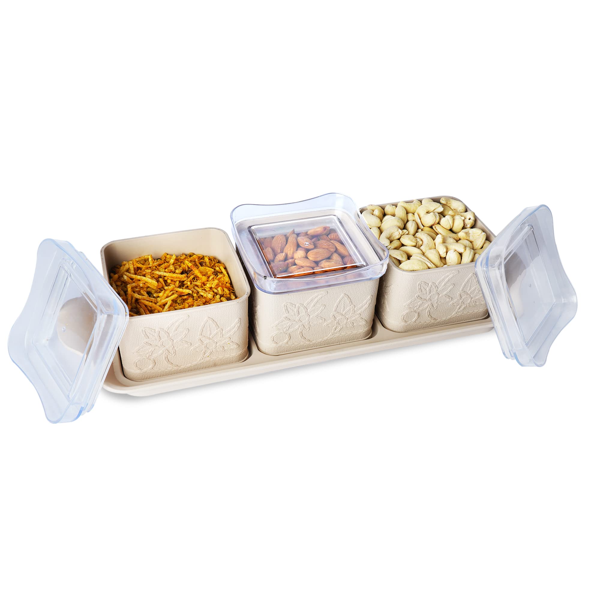 PEARLPET Store and Serve Dazzle container- Set of 3 with tray, Candy/Dry fruit/Namkeen storage airtight containers, Beige (B0BWTS4MD4) Amazon Price History, Amazon Price Tracker