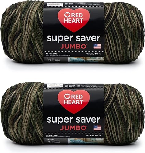 Red Heart Super Saver - Hilo de camuflaje Jumbo - Paquete de 2 unidades de 283 g10 oz - Acrílico - 4 medianos peinado - 482 yardas - Tejidoganchillo