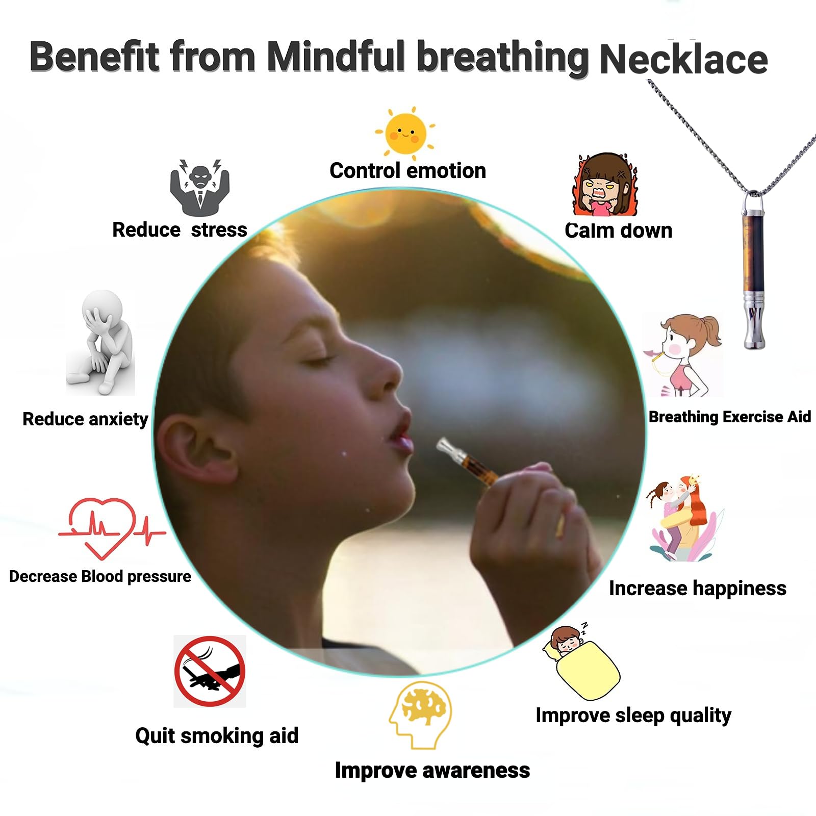 Collar de Respiración con Piedra de Ojo de Tigre y Aromaterapia Cadena de Acero Inoxidable 70cm Herramienta de Meditación y Atención Plena para Calmar,Ayudar a Dormir,Aliviar la Ansiedad y el Estrés