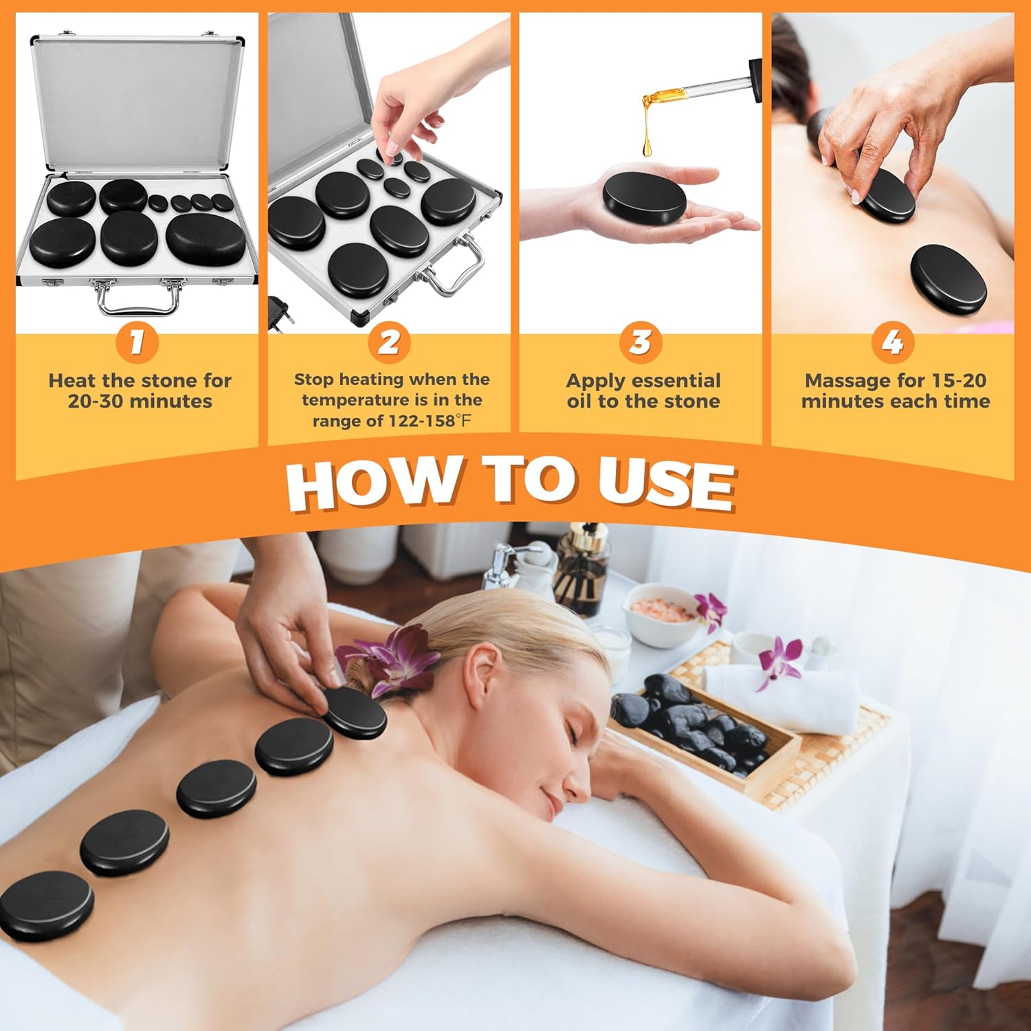 Hot Stone Massage Set, Portable Hot Stones Massage Warmer Kit with Heating Box, Hot Rocks Basalt Stones with Heater for Home Spa Warming Therapy Relaxing (Black, 9 Pcs)