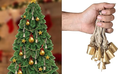 Miniatura 8 de JYPR 20 campanas de Navidad rústicas de metal  Campanas doradas antiguas hechas a mano de 1.6 in, campanas de vaca colgantes en cuerda de yute