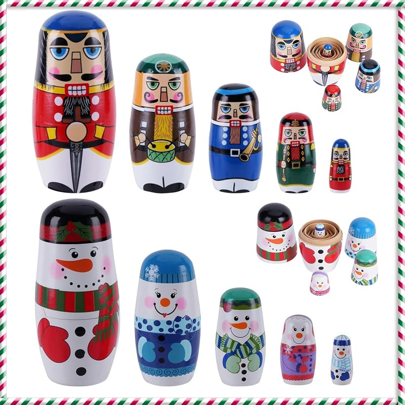 Christmas Russian Nesting Dolls, Snowman Nutcracker Set, 2 Pack | Snowman and Nutcracker Design, Wooden 2-Pack Set, Holiday Display Decor, Gift for Kids, Adults and Collectors