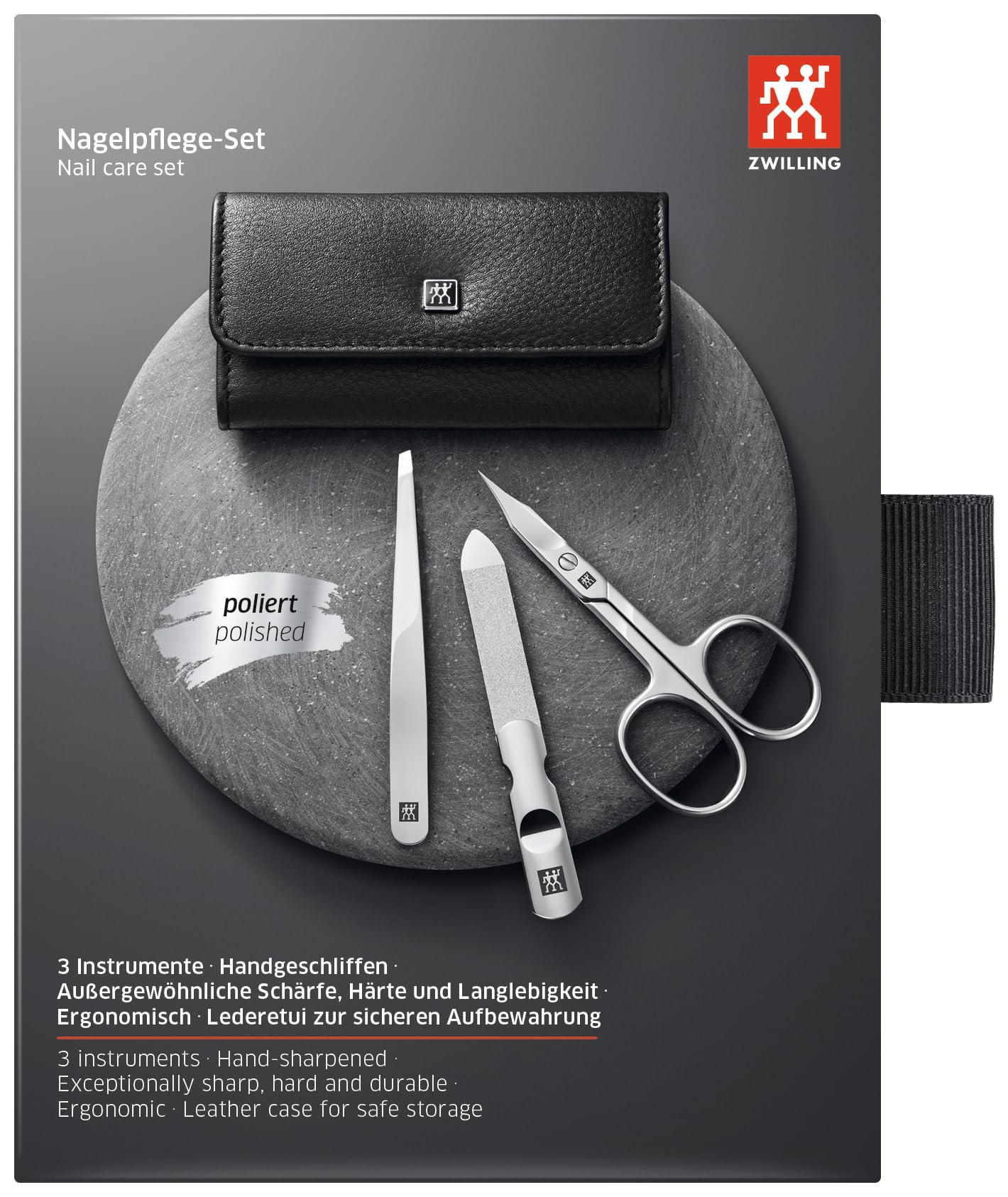 Zwilling Classic Inox Etui Maniküre Pediküre Nagel-Set 3-teilig Rindleder Nagelschere Pinzette Nagelfeile schwarz 97434-004-0