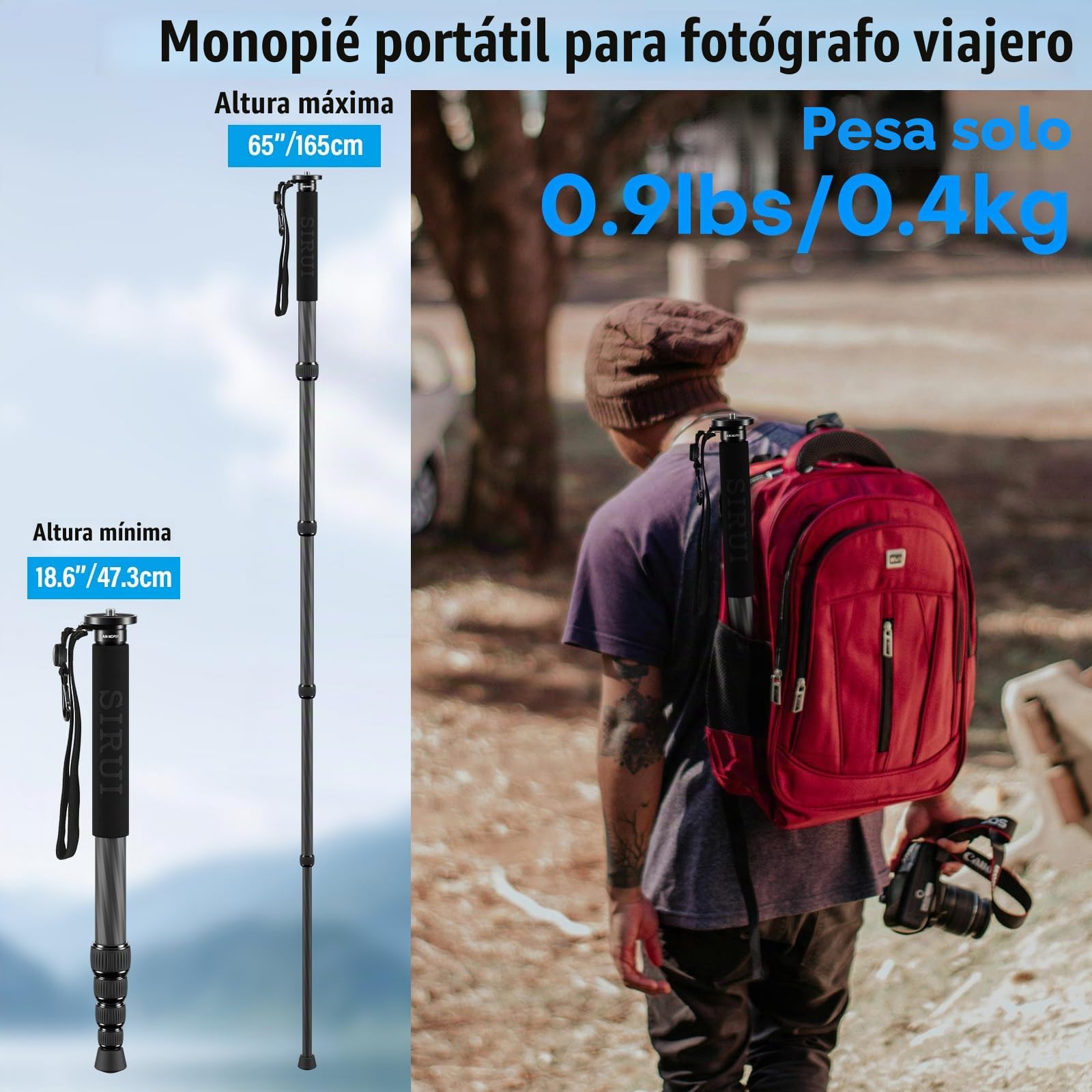 SIRUI Monopié de Fibra de Carbono para Cámaras, 65" Compacto Ligero Monopié de Viaje, 5 Secciones, Soporte para Teléfono Incluido, Carga hasta 22lbs/10kg, AM-MDP01