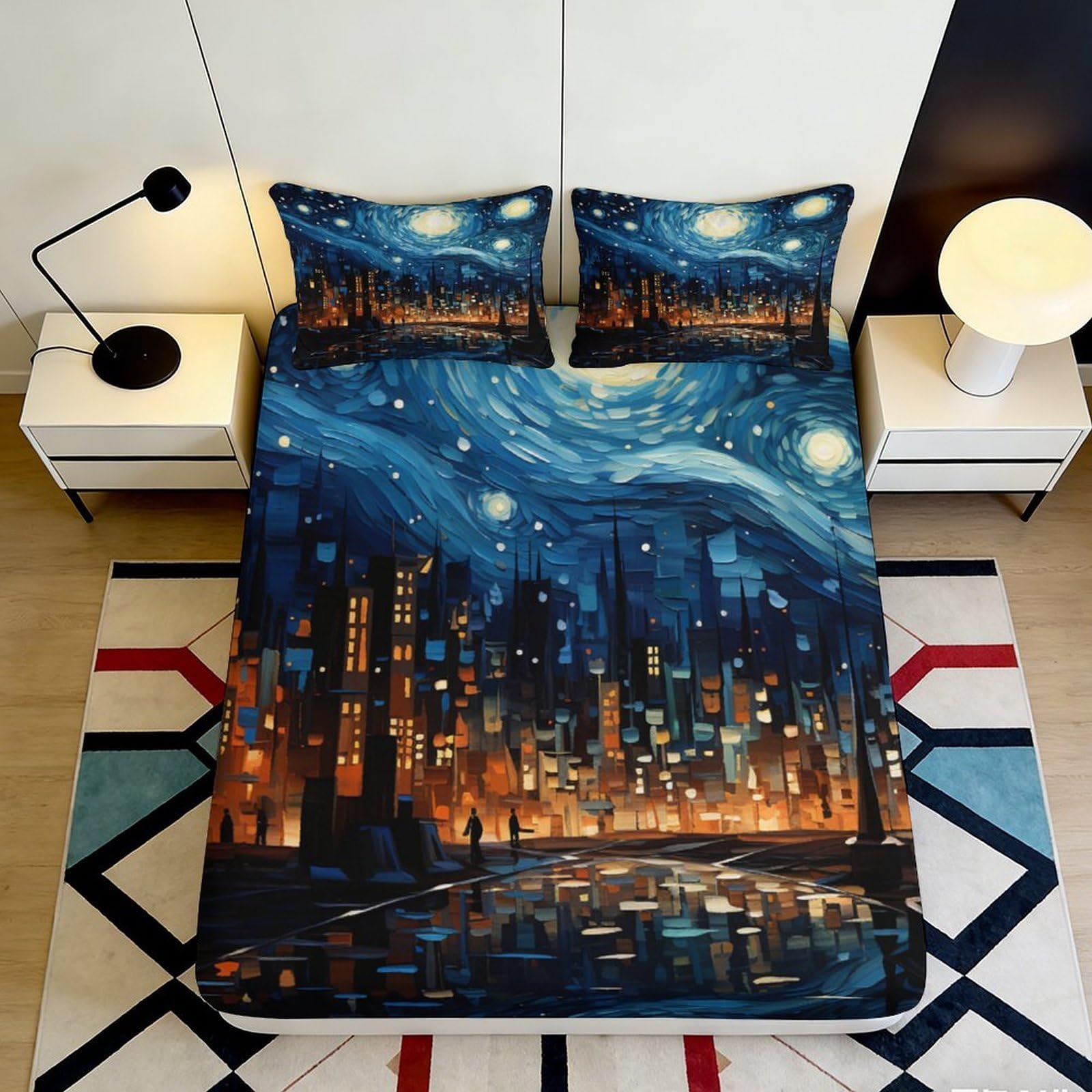3D Printed Starry Night Skyline Fitted Sheet Microfiber Soft Breathable Cityscape Mattress Cover for Bedroom Dormitory Guest Room Mattress Protection Decor 160x200x25cm