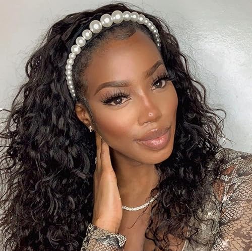 Emistar Pelucas onduladas con diadema para mujeres negras, peluca sin pegamento, cabello sintético suave, rizado natural como cabello humano, media
