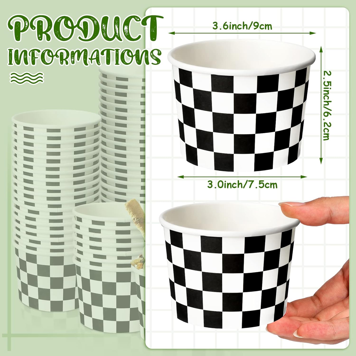 Zopeal 50 Count Black and White Checkered Ice Cream Cups Disposable 9 oz Ice Cream Bowls Paper Race Car Birthday Party Supplies Pudding Snack Cups Sundae Picnic Dessert Yogurt Bowls