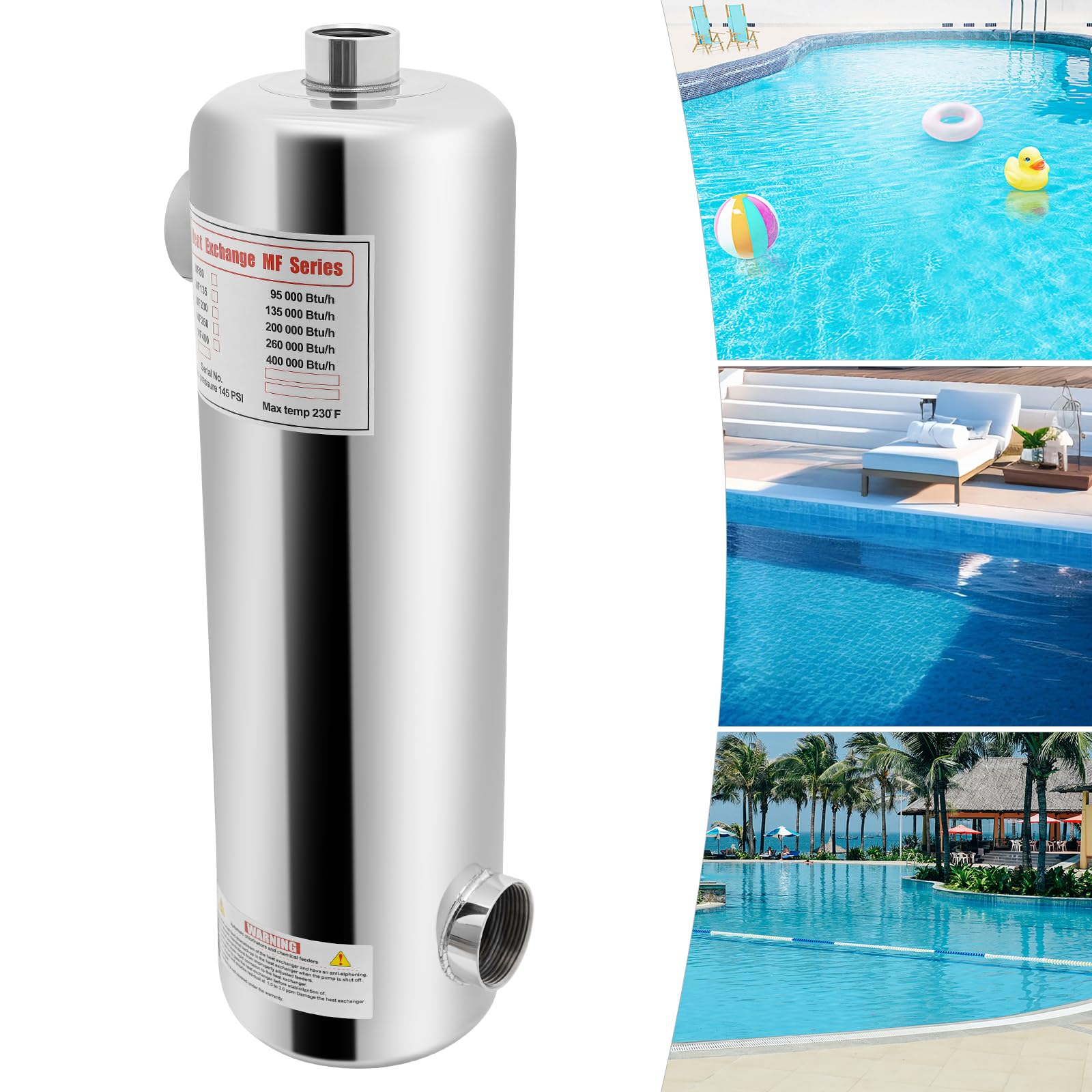 Intercambiador de calor para piscina de 60 kW, intercambiador de calor de acero inoxidable, bomba de calor de acero inoxidable, resistencia al óxido y al agua salada con flujo de agua de
