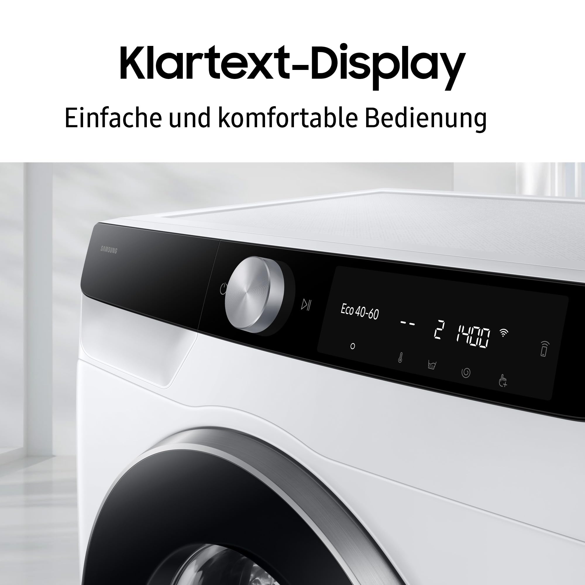 Samsung WW90DG6G94LKU2 Waschmaschine WW6100D SLIM, 9 kg, EEK: A (-10%), Klartext-Display, Dampfprogramm, SmartThings AI Energy Mode, Ecobubble, AI Wash, SuperSpeed 39 Min. Waschprogramm, Weiß
