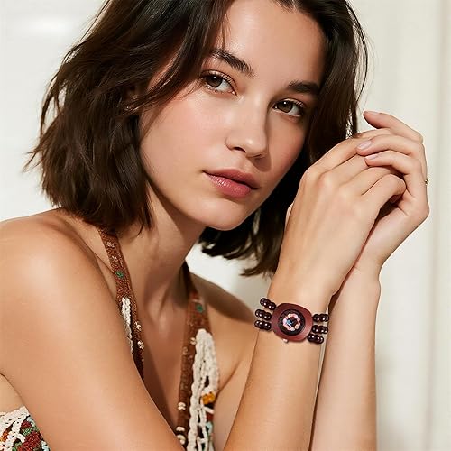 Miniatura 2 de JewelryWe Reloj elástico de madera bohemio pulsera de madera con cuentas Tonneau hecha a mano, esfera floral con banda elástica, reloj de pulsera