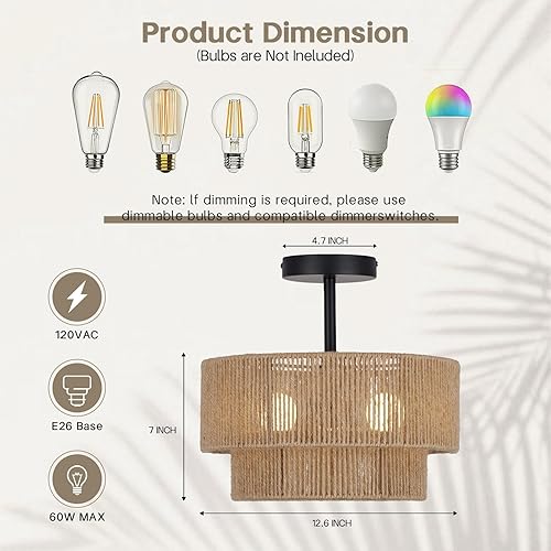 Miniatura 2 de Lámpara de techo bohemia de 12.6 pulgadas, cuerda de cáñamo costero, lámpara de techo semiempotrada, lámpara de techo de ratán rústico de 3 luces