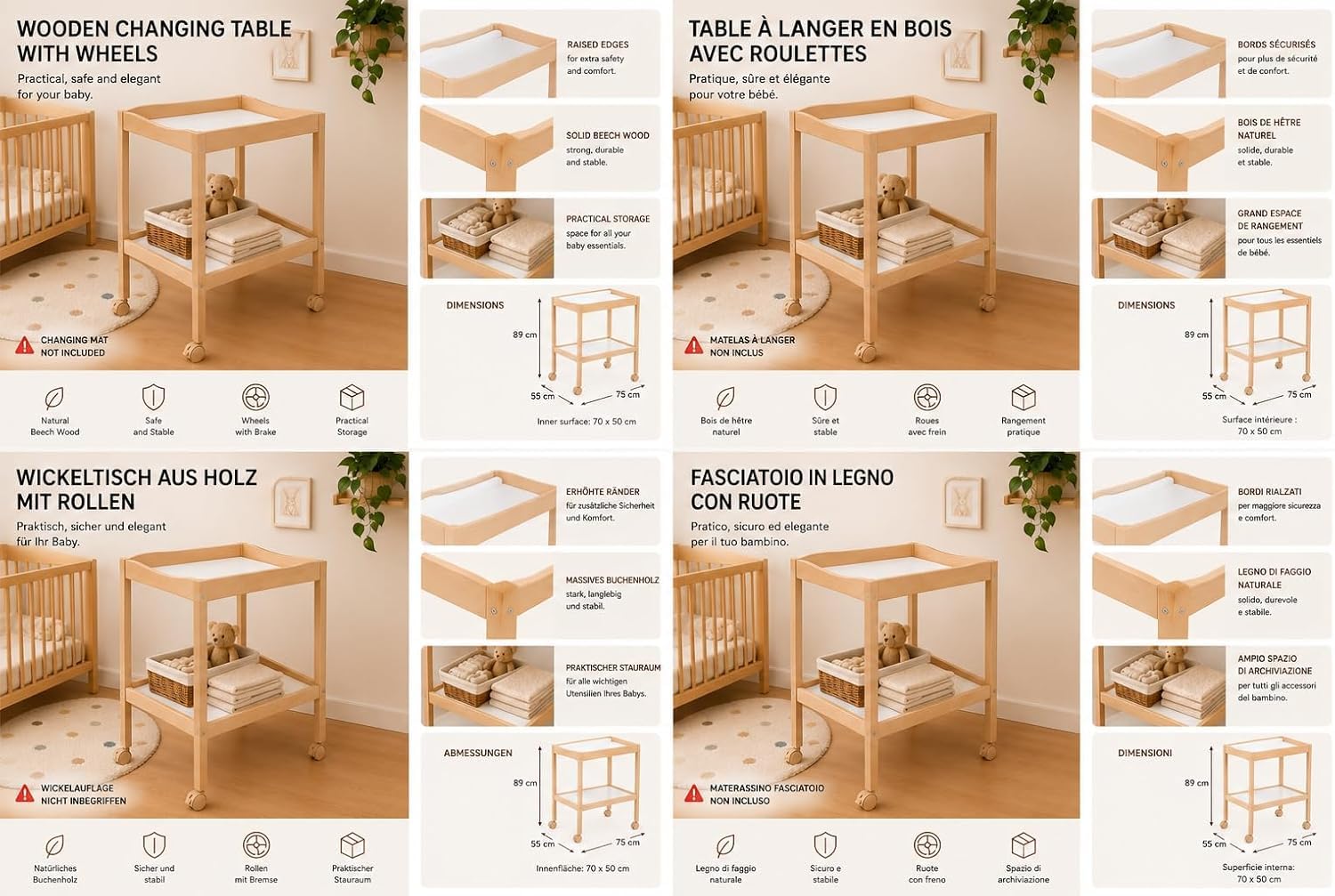 Table à Langer en Bois de Hêtre Naturel avec Roulettes Freinées – 75 x 55 x 89 cm – Étagère de Rangement – Mobilier Bébé Écologique et Durable