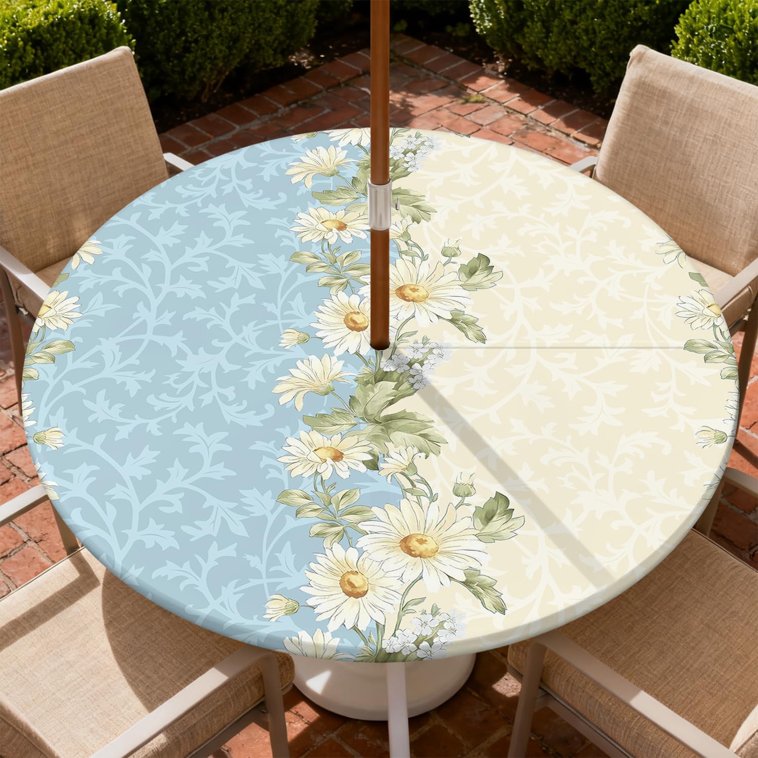 COTAIL Round Outdoor Tablecloth with Zipper and Umbrella Hole, Fitted Table Cloth with Elastic, Oil Waterproof Tablecover for Patio Picnic Camping Garden Fits 49"-52" Round Table, Flower Collage