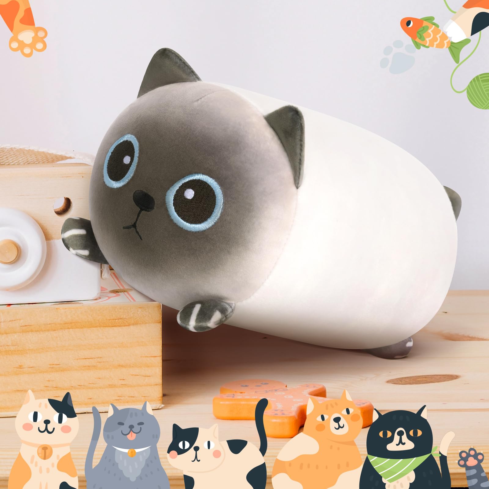 Mewaii Cuscino di Peluche Stitch 20cm Kawaii Gatto Siamese Animale Giocattolo e Cuscino Ottimo Natale Compleanno Regalo per Bambini Ragazze Ragazzi Amici