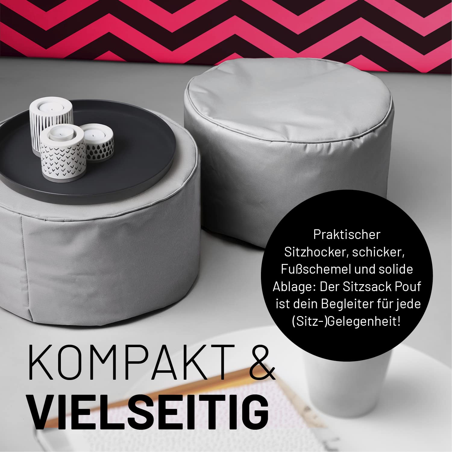 Lumaland Sitzsack Pouf (50 L) | Kompakter Sitzsack mit 3-in-1-Funktion: bequemer Hocker, praktisches Tischchen & stylischer Fußschemel für in- & Outdoor I Mit Flexibler EPS-Füllung | Ø 25 x 45 cm