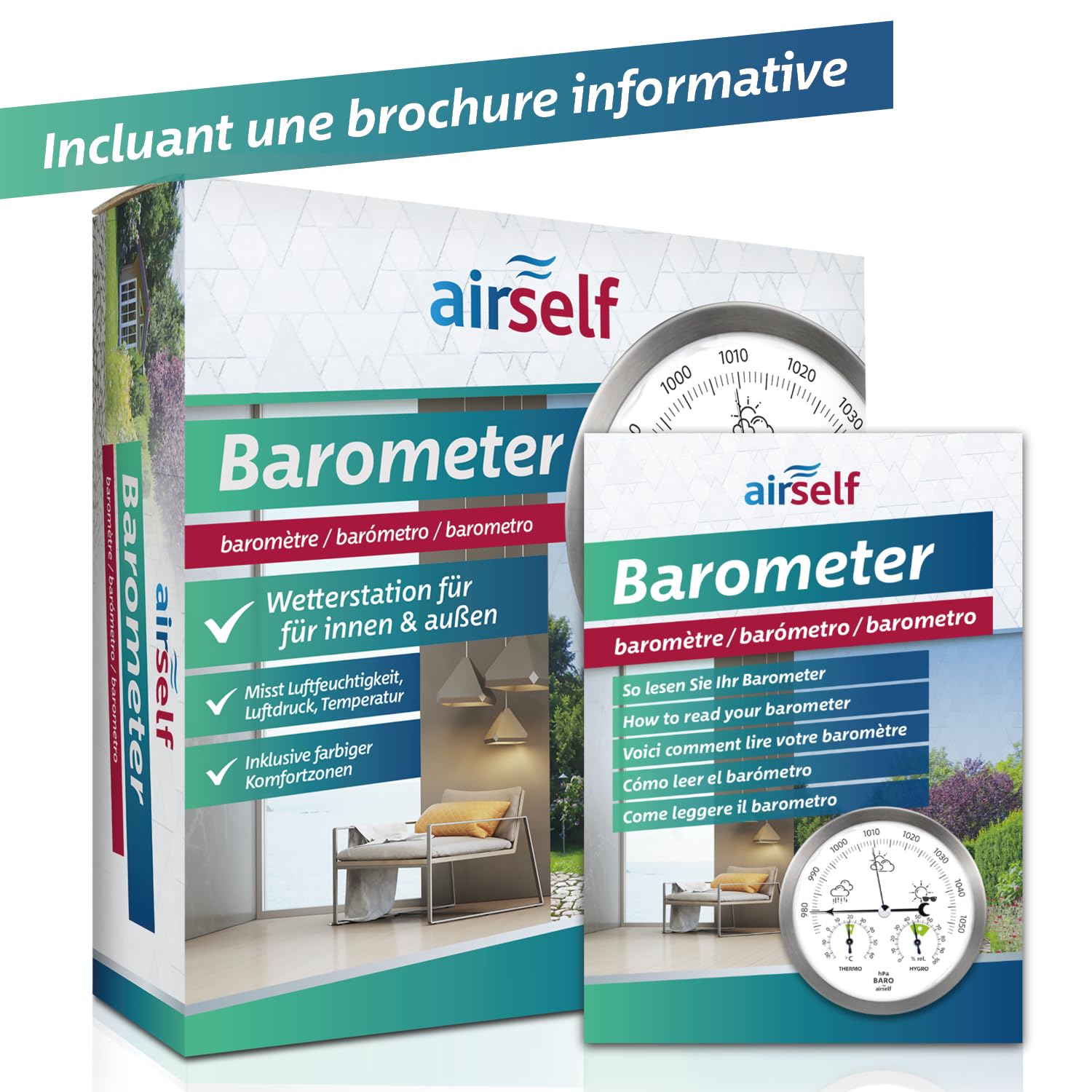 airself Station météo analogique en acier inoxydable - avec baromètre/thermomètre/hygromètre - pour intérieur/extérieur