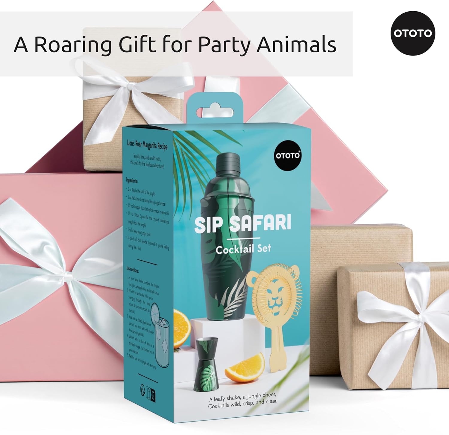 New - OTOTO Sip Safari Jungle Cocktail Shaker Set - Bartender Kit with Lion Cap, Bar Cart Accessories, Bartender Bar Accessories, Party Essentials, Cute Accessories, Unique Gifts, Kitchen Must Haves