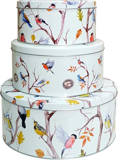 Set of 3 Round Nesting Cake Storage Tins airtight Baking Round Large Medium Small Bakery Boxes Biscuit Food Sweet Empty Box Storage tins containers lids Kitchen Gift Spring Birds