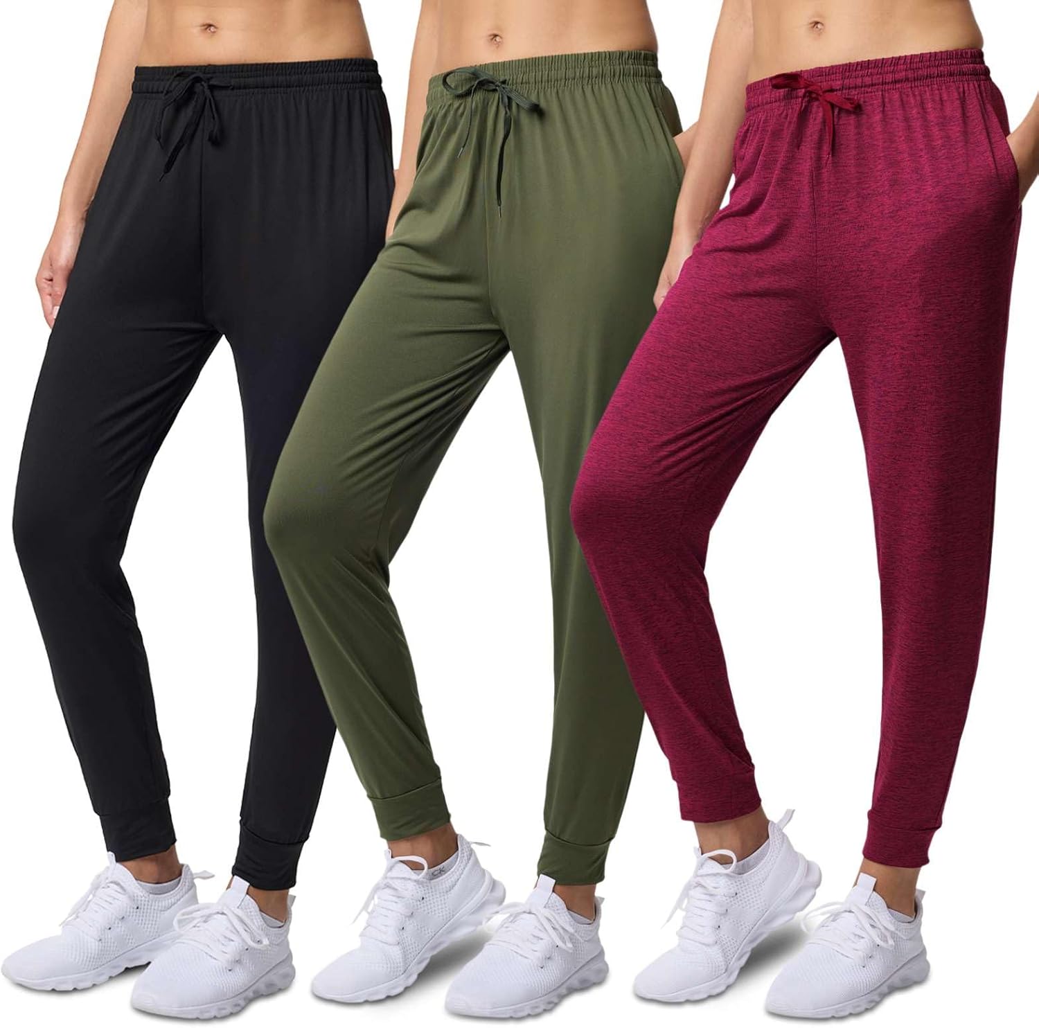 Real Essentials 3 Pack: Womens Dry-Fit Active Athletic Joggers Yoga Lounge Pants - Drawstring (Available in Plus Size)