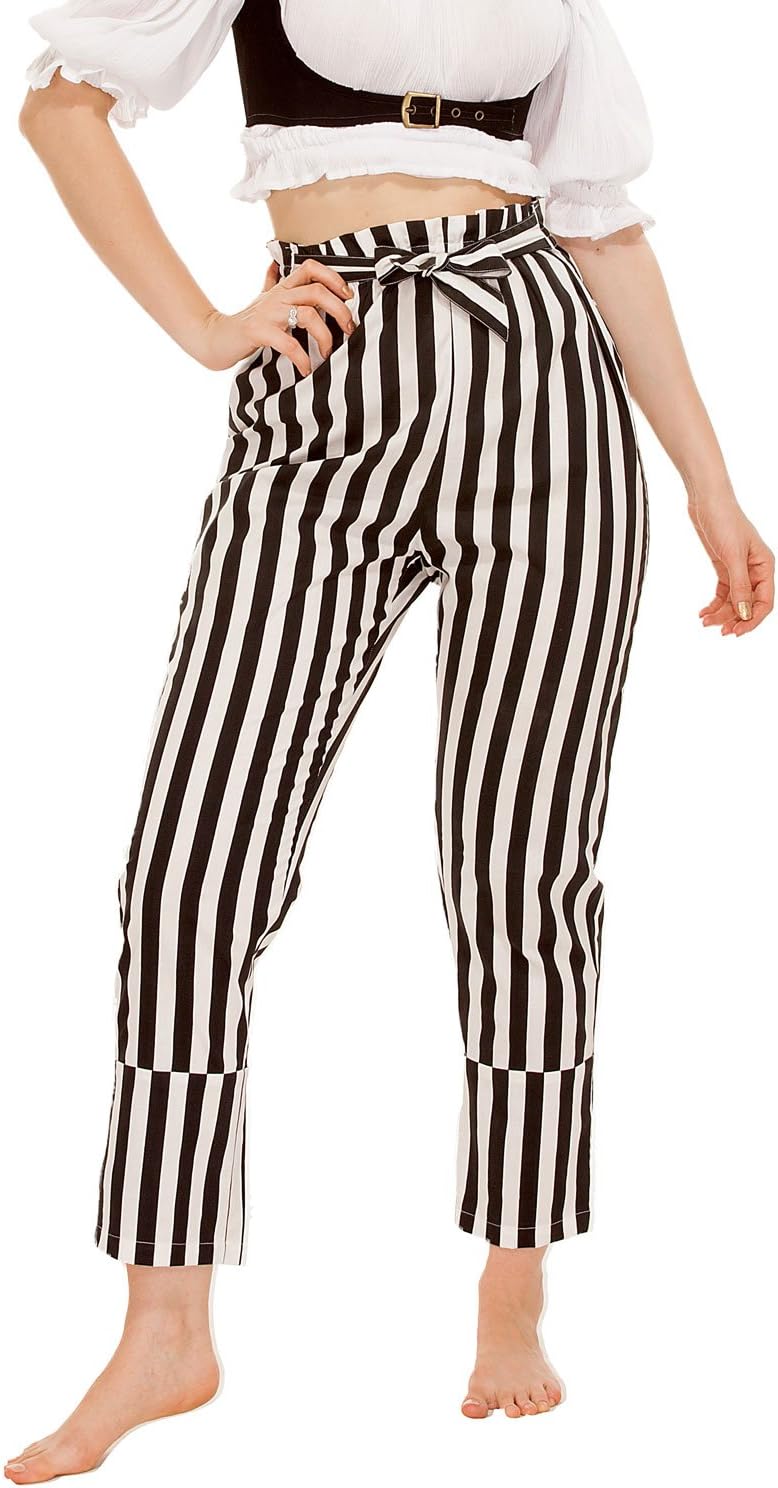 Pirate Renaissance Medieval Gothic Wench Cosplay Costume Women's Self-Tie 100% Cotton Striped Pants