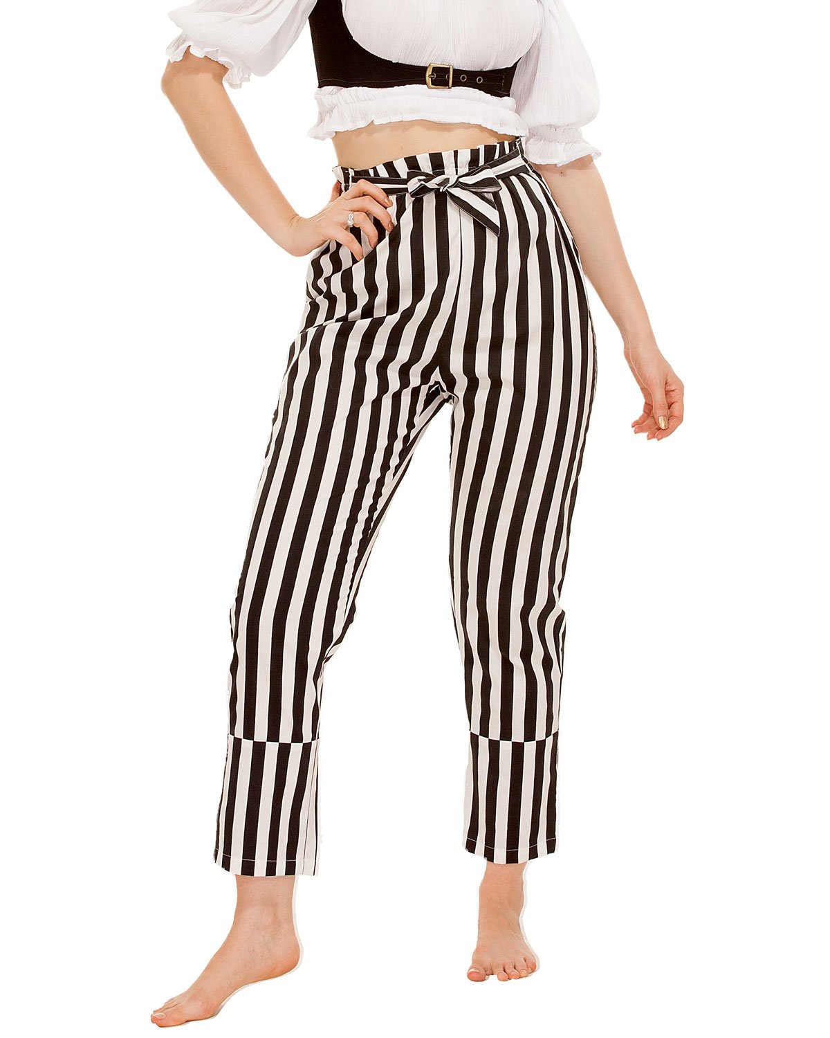 Pirate Renaissance Medieval Gothic Wench Cosplay Costume Women's Self-Tie 100% Cotton Striped Pants