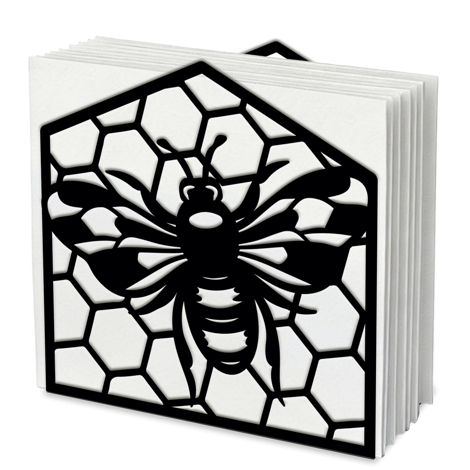 SUPERDANT Bees Napkin Holder for Tables Honeycomb Metal Napkins Holder Tabletop Cloth Tissue Paper Stand Freestanding Napkin Dispenser for Kitchen Coffee Shop Dining Room Black 12.5x12.5cm