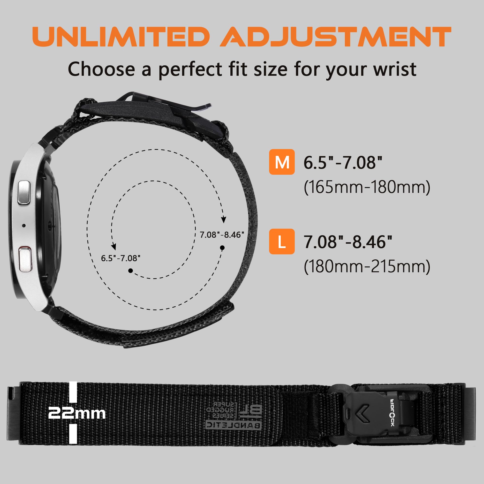Bandletic 20mm Bracelet Compatible avec Samsung Galaxy Watch 7/6/4/5 40mm 44mm/6 Classic 43mm 47mm/5 Pro 45mm/4 Classic 42mm 46mm, Nylon Réglable Sport Bande avec Fidlock V-Buckle Magnétique, Noir