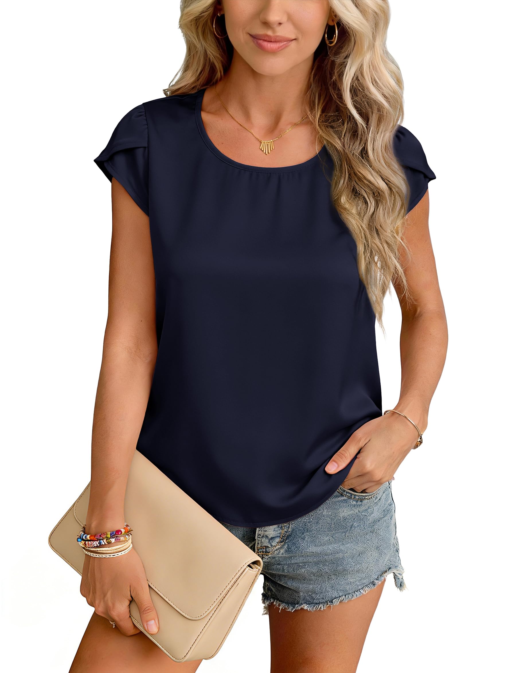 Yommay Damen Chiffon Tops Sommer Leicht Basis Kurzarm Blusen Shirt | Elegante Petal Sleeve T-Shirts für Damen Lässig Slim Fit Weich Chiffon Tees Eis Seide Touch Basis Alltag Ladies Blouse
