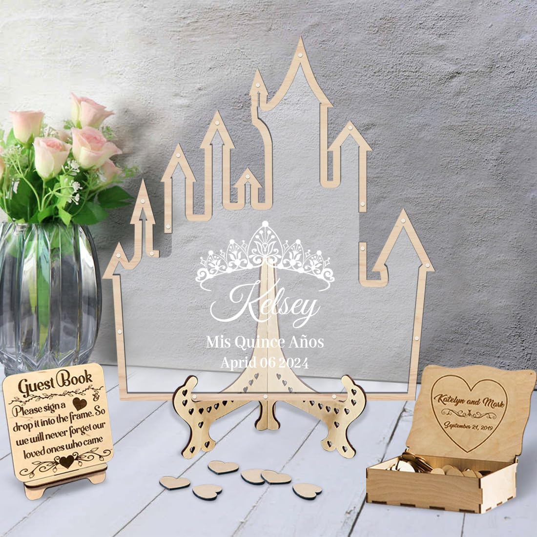 Certykllp Personalised Quinceanera Guest Book Decorations Sweet 16 Guest Book Wood Heart Guestbook with 30-100 Wood Hearts Custom 15th Birthday Mis Quince Guests Sign in Party Favor