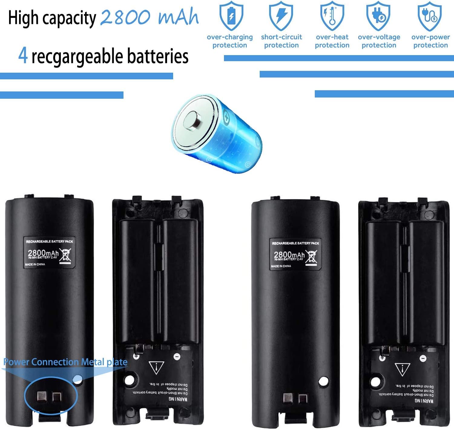 VTone Charging Station for Wii Remotes, 4 in 1 Controller Charger Dock with 4 pcs 2800mAh Rechargeable Battery Pack for Wii Remote Controller (Black)