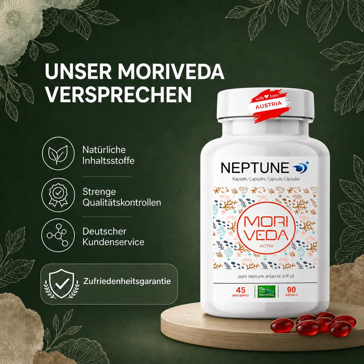 Moriveda NEPTUNE Krillöl Kapseln, 135-Tage-Vorrat, mit Omega-3 6 9 (EPA/DHA), Antioxidantien, Vitamin E & Cholin, MSC-zertifiziert & nachhaltig, 3 x 90 Softgels