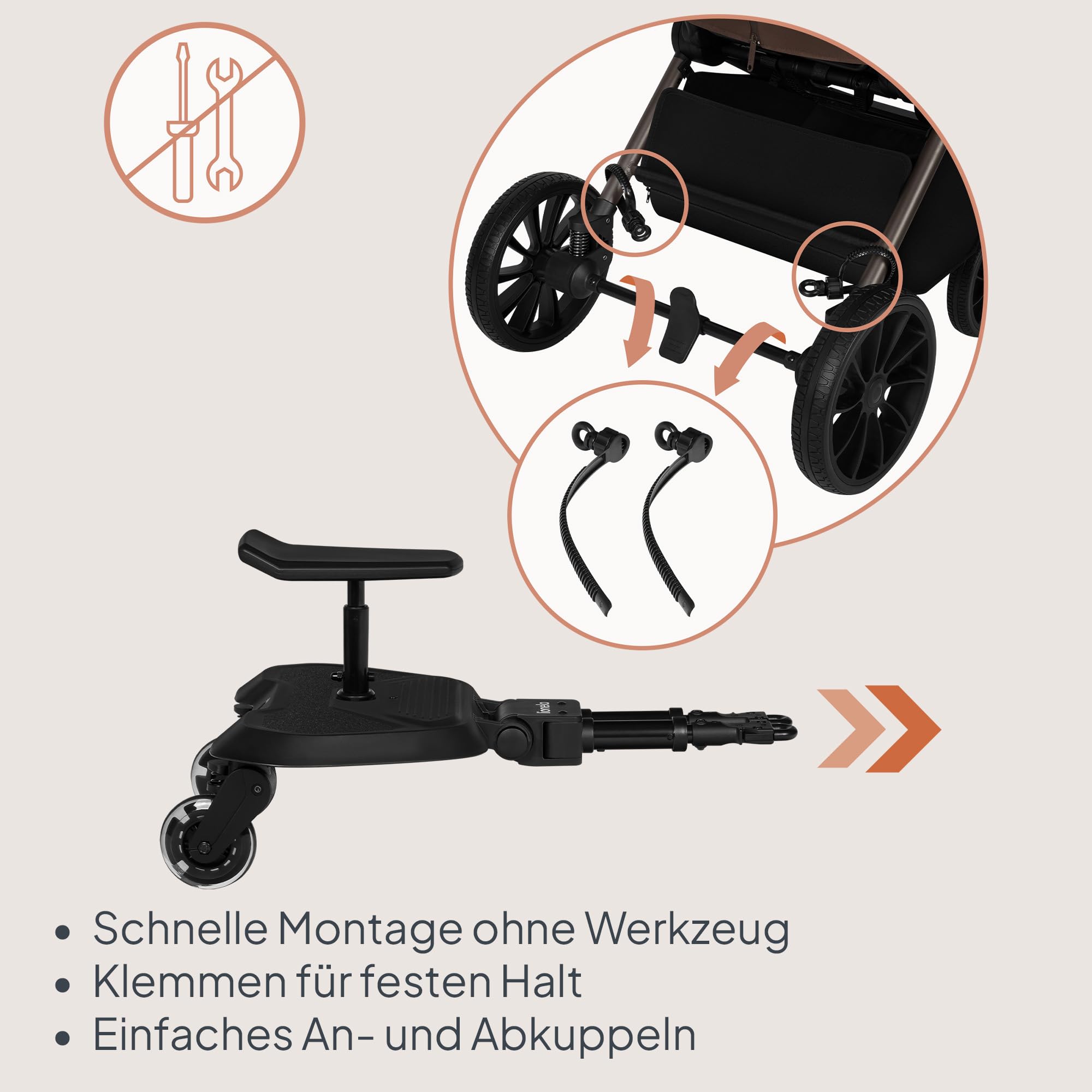LIONELO Buggy Board 2-in-1 Mitfahrbrett für Kinderwagen mit abnehmbarem Sitz, universell passend, Stoßdämpfung, LED-Räder, bis 25 kg, für Kinder 2-5 Jahre