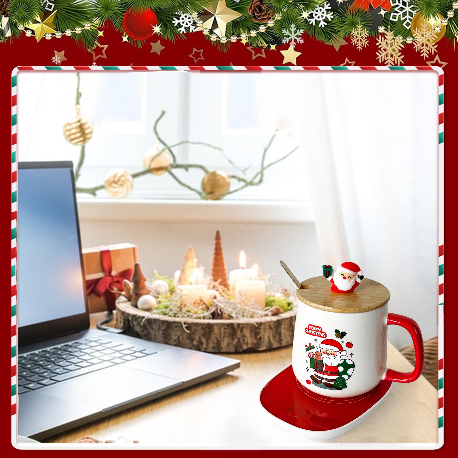 YumSur Set scalda-tazza rossa, set scalda-tazza di Natale: tazza da caffè in ceramica con piastra e coperchio e scatola regalo e cucchiaio in metallo dorato, spegnimento automatico