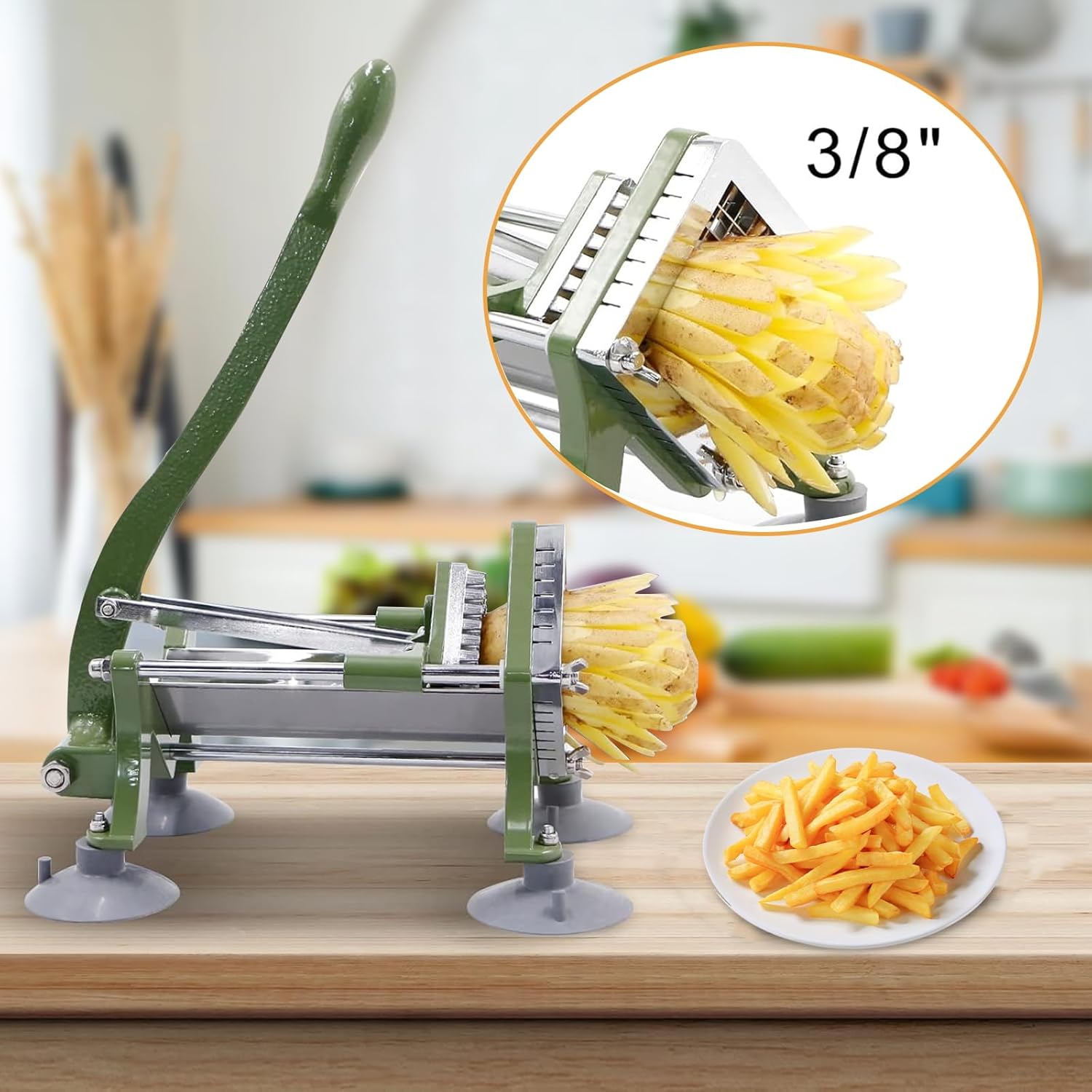 French Fry Cutter, Commercial Potato Slicer with Suction Feet,Great for Potato, French Fries, Cucumber, Vegetables, Carrot (Green- 3/8 Inch Blade)