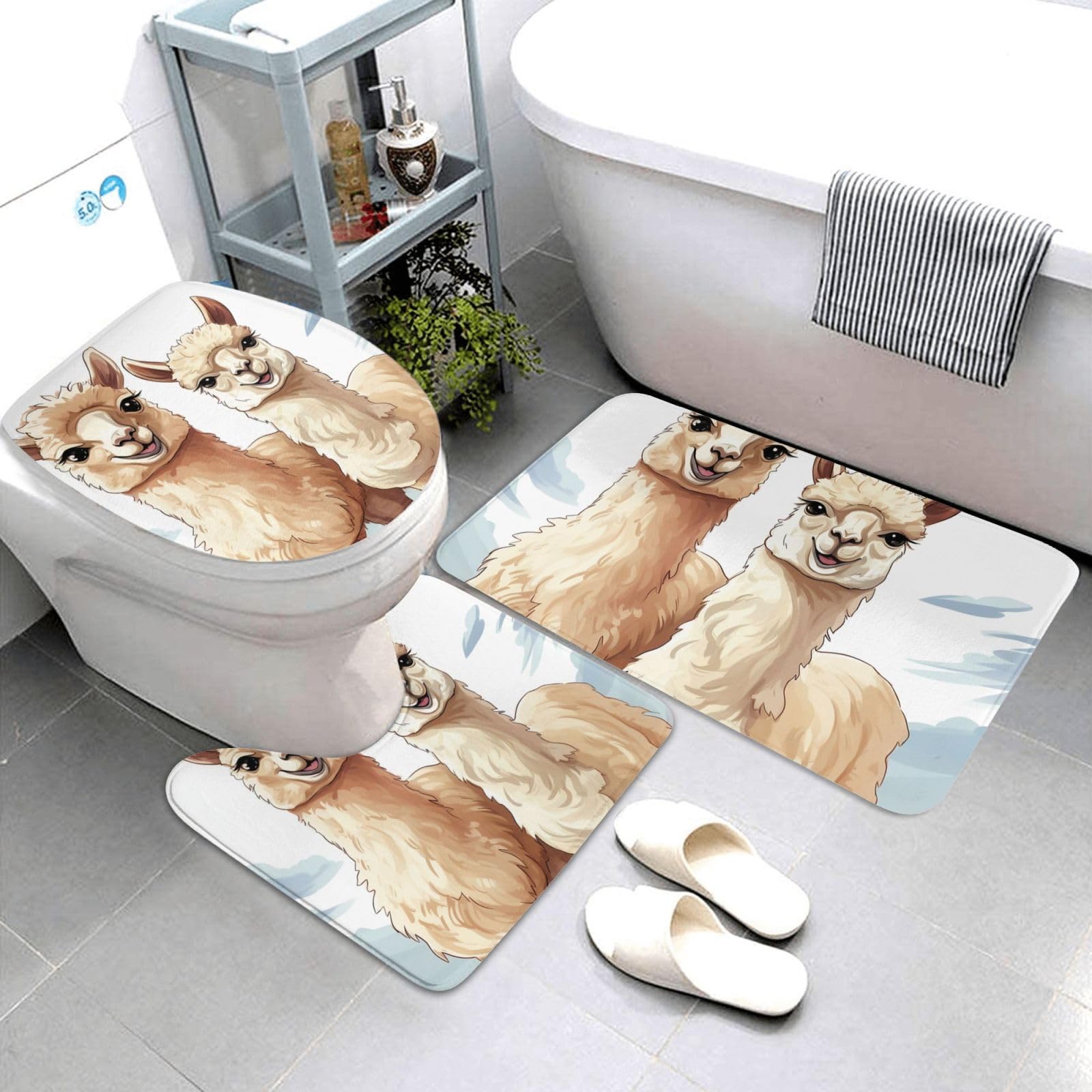 Dwrepo Drawing Alpaca Print Bathroom Rug Set 3 Piece with Non-Slip U-Shaped Contour Mat and Toilet Lid Cover for Bathroom Decoration