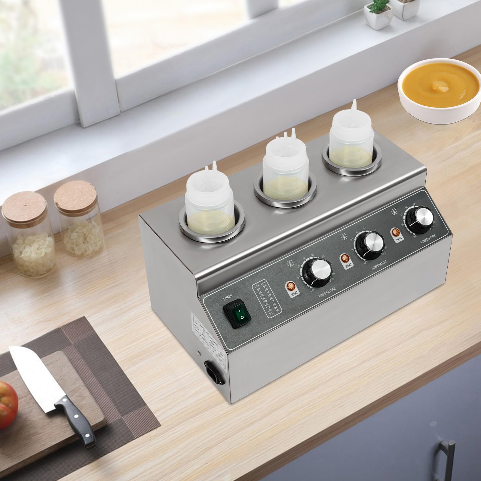 Chauffe-sauce électrique 300 W avec 3 bouteilles de sauce, chauffe-sauce électrique en acier inoxydable 30-85 °C, chauffe-sauce au fromage pour sauces, fromage