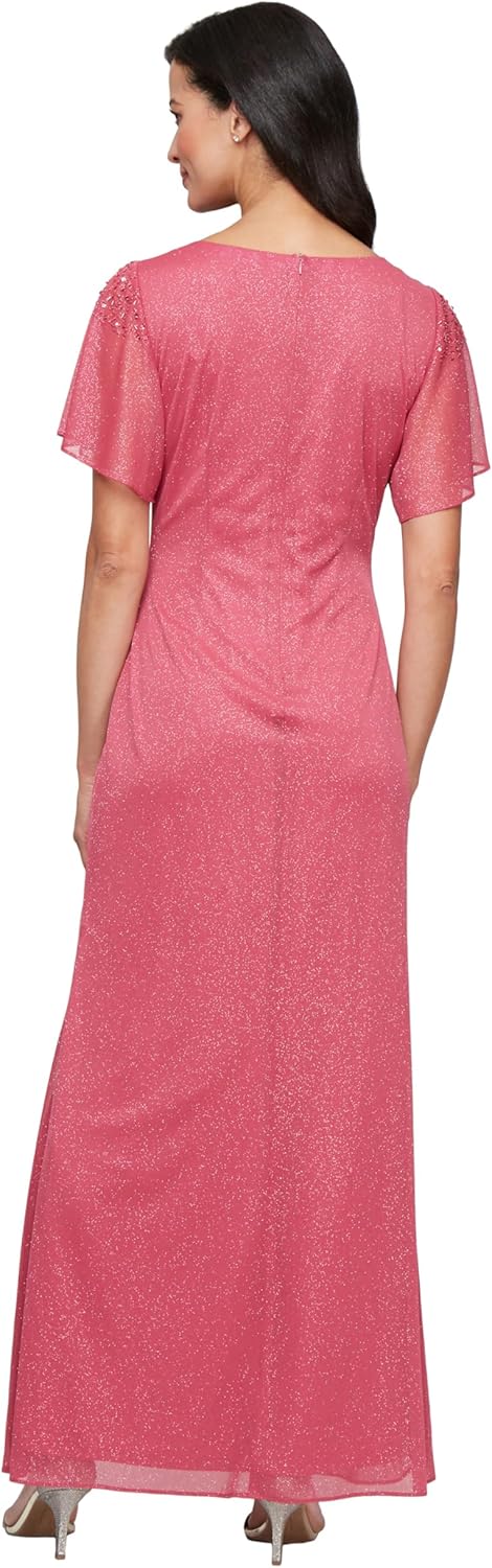 S.L. Fashions Womens Glitter Mesh Stretch Dress W/Shoulder Embellishment Formal Long Gown, (Petite and Regular Sizes) - Image 2