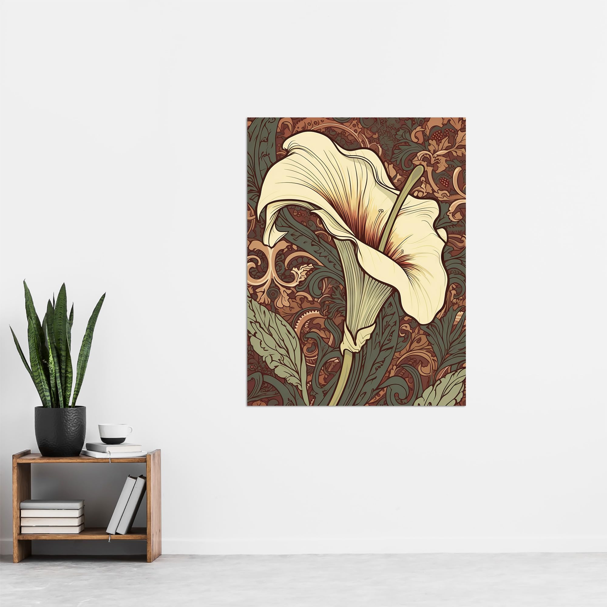 Artery8 Single White Cala Lily Flower Art Nouveau Painting Pastel Colour Teal Green Red William Morris Style Patterns Colourful Bright Floral Modern Artwork Extra Large XL Wall Art Poster Print - Image 4