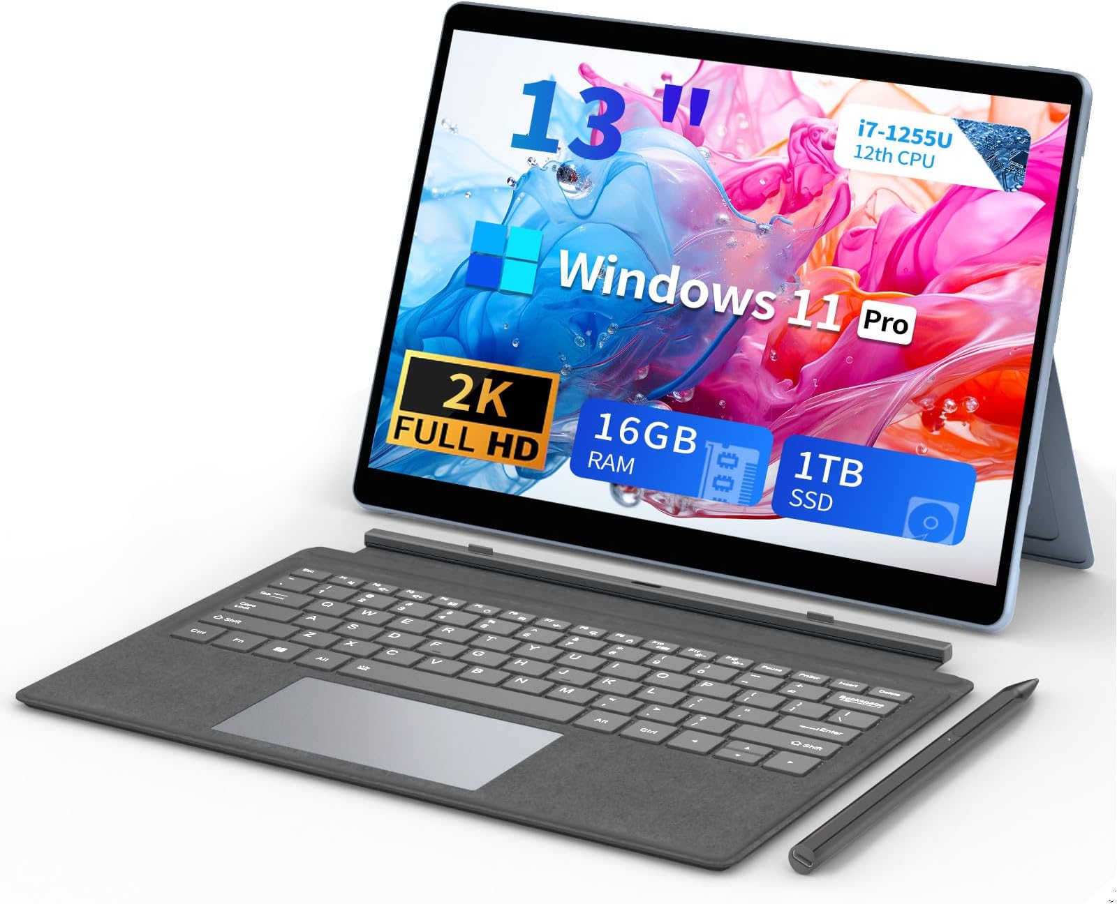 2 in 1 Touchscreen Laptop Computer - 13 inch 12th Gen Core I7-1255U Notebook with 16GB RAM, 1TB SSD, 2K FHD IPS 2 in 1 Tablet PC, Win11 Pro, Backlit Keyboard and Stylus