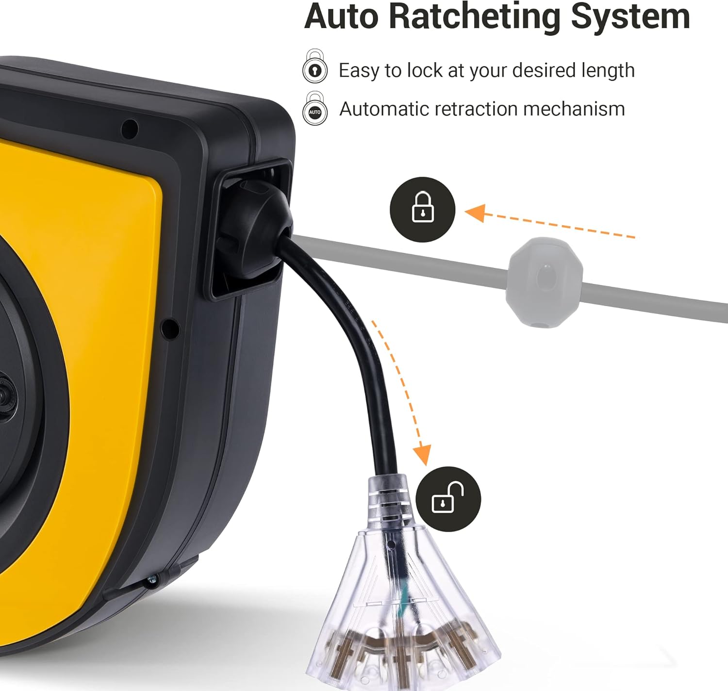 DEWENWILS Retractable Cord Reel, 60 FT Heavy Duty Extension Cord, 12AWG/3C SJTOW, 3 Grounded Outlets Lighted Triple Tap, 15A Circuit Breaker, Wall/Ceiling Mounted for Garage and Workshop, UL Listed