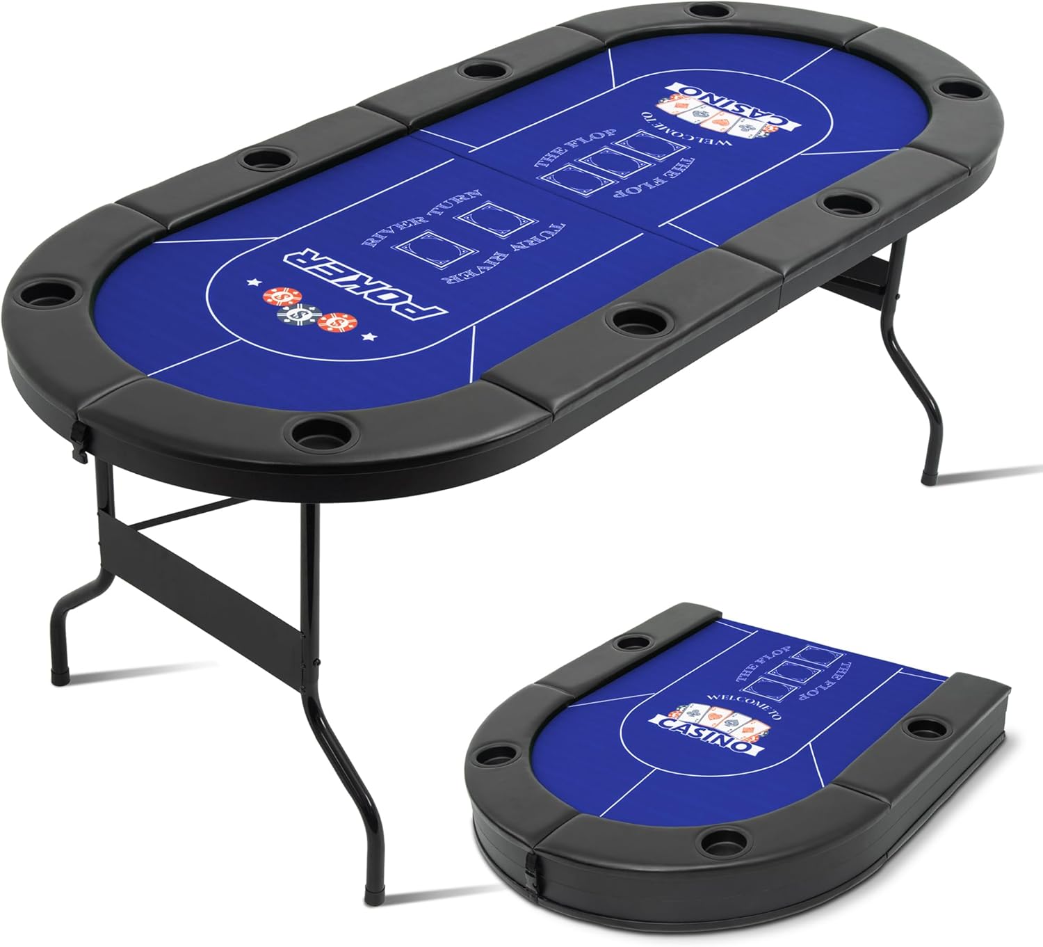 8 Player Folding Poker Tables, Texas Holdem Table with Padded Rails & Cup Holders, Foldable Casino Poker Table, Oval Blackjack Tables Foldable Leisure (Blue)