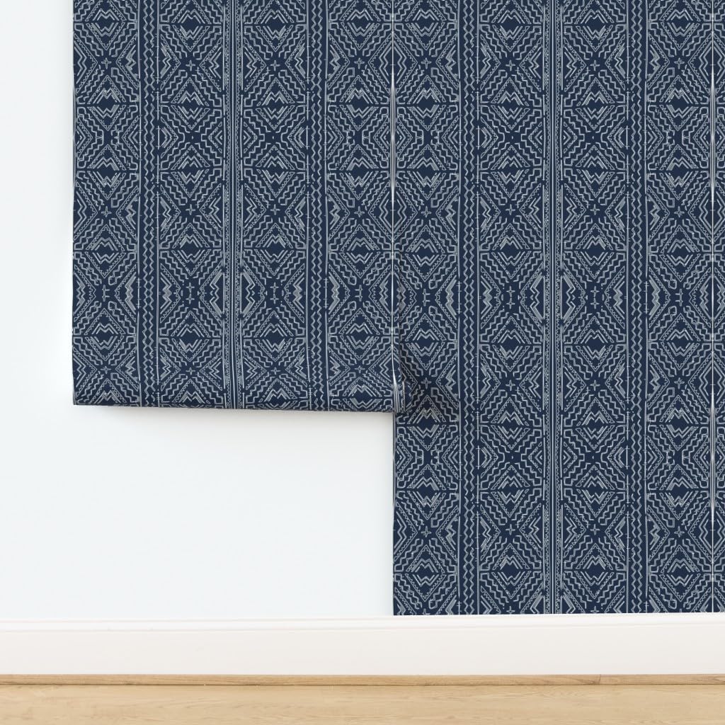 Removable Wallpaper Swatch - African Mud Cloth Mudcloth Tribal White Blue Indigo Navy Custom Pre-Pasted Wallpaper by Spoonflower