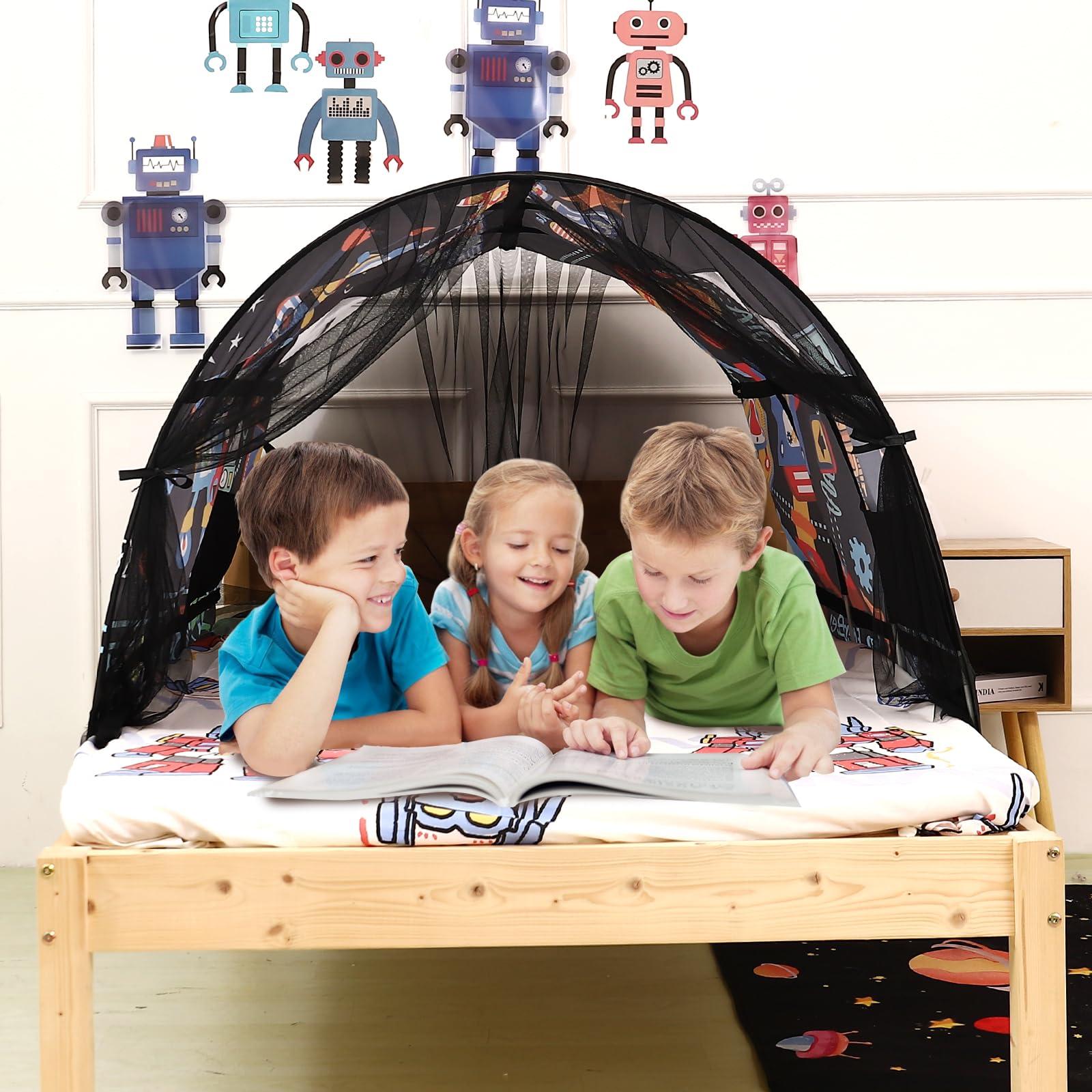 Kinderbettzelt für Einzelbetten – Cartoon-Motive Wonder Play Zelte für Jungen und Mädchen Belüftete Indoor-Zelte für Kinder Fördern die Selbstständigkeit (Roboter)