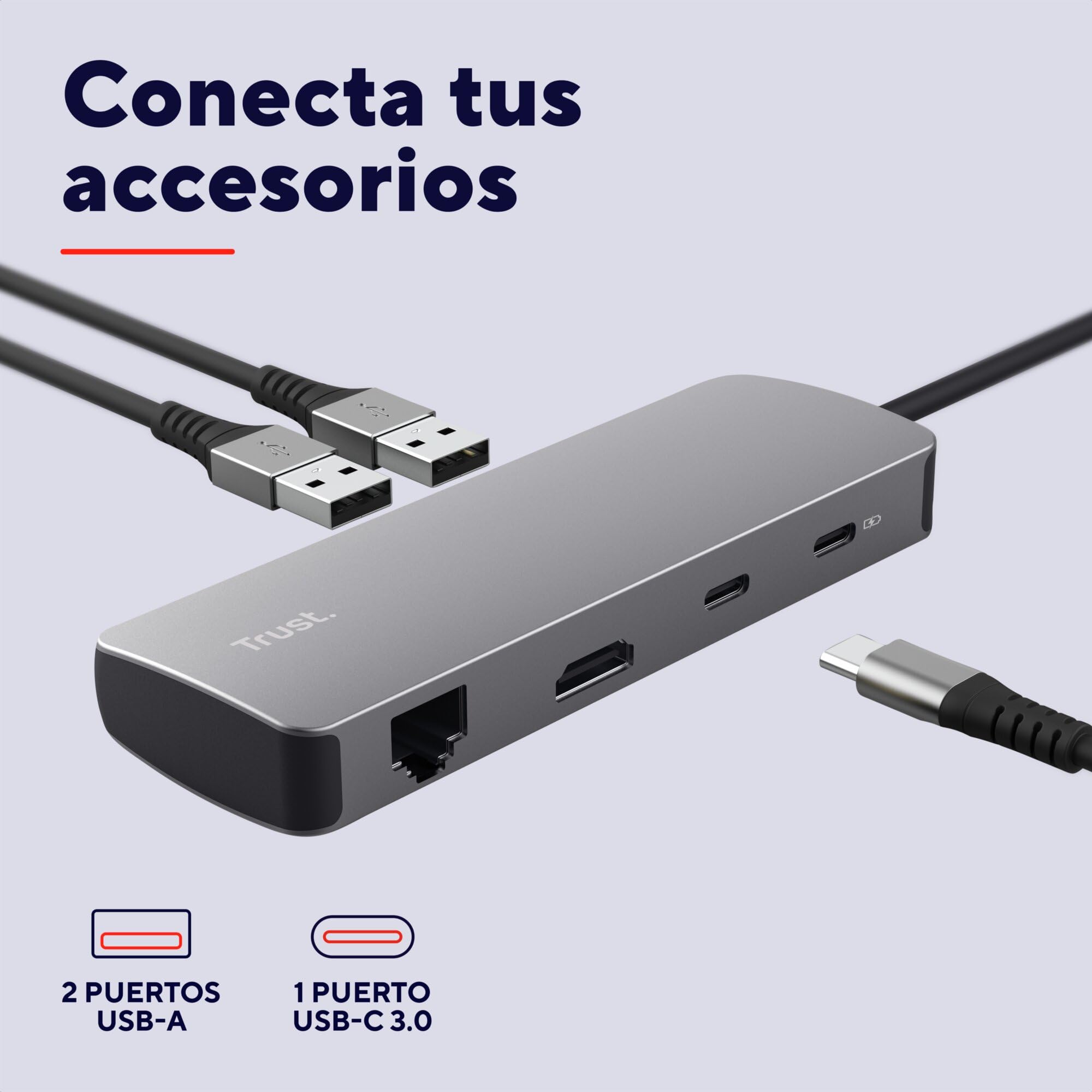 Trust Vylor Hub USB C 8-in-1 Adaptador HDMI 4K a 60Hz, Gigabit Ethernet, Lector de Tarjetas SD/MicroSD, USB-C USB-A, Puerto de Carga 100W, Docking Station PC Computadora Portátil DELL HP MacBook