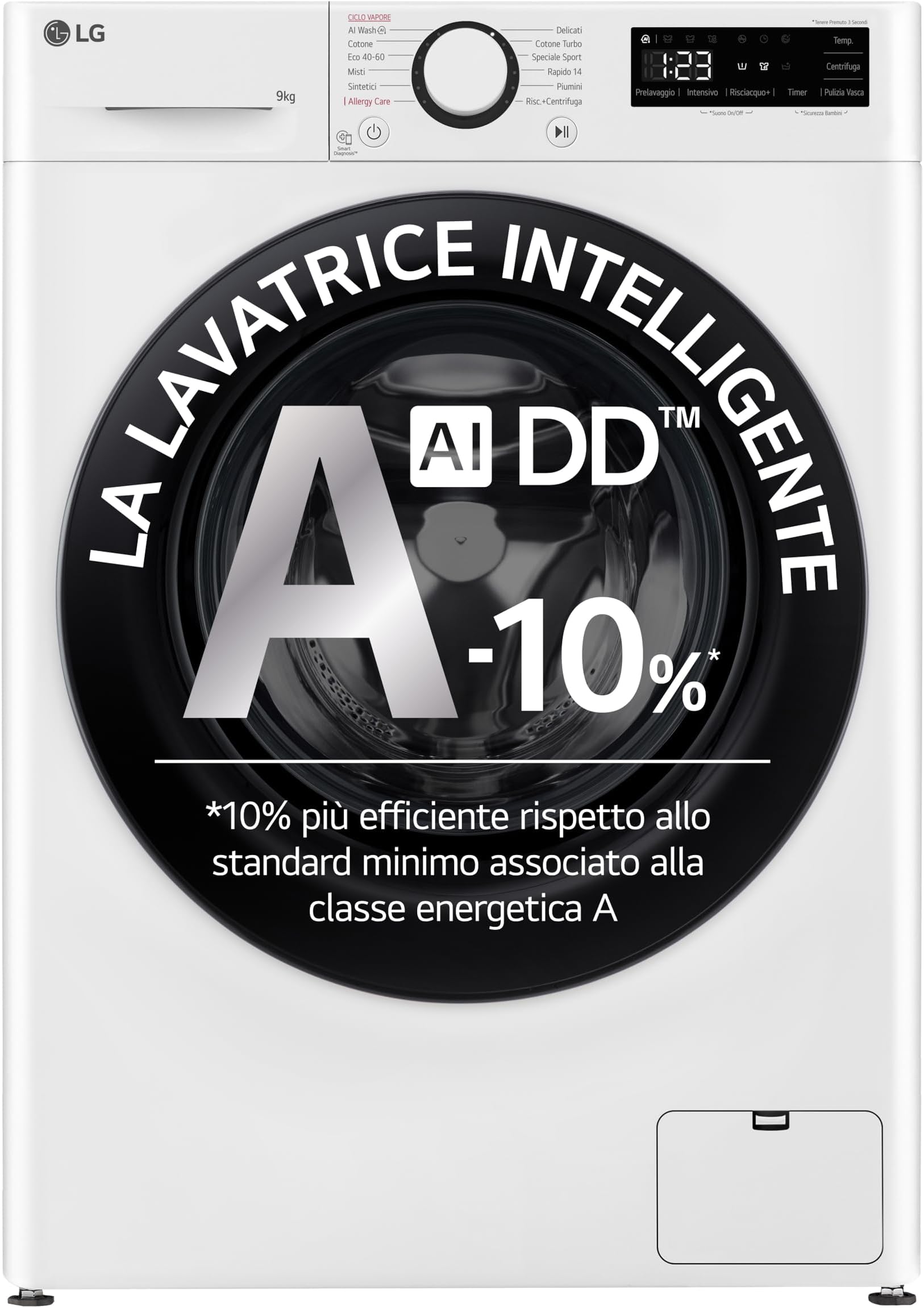 Lavatrice LG AI DD 9kg Classe A -40% | TurboWash 360&deg; | Vapore Antipiega | Wi-Fi | Bianca